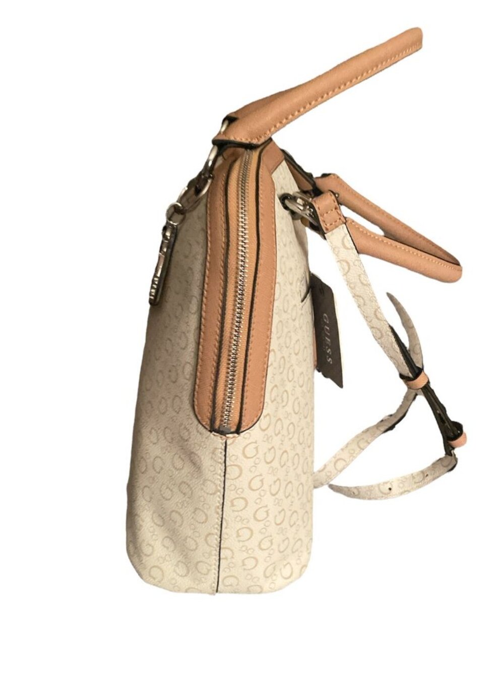 Guess Signature Logo Menville Satchel Crossbody Handbag Tan & White - Picture 3 of 16